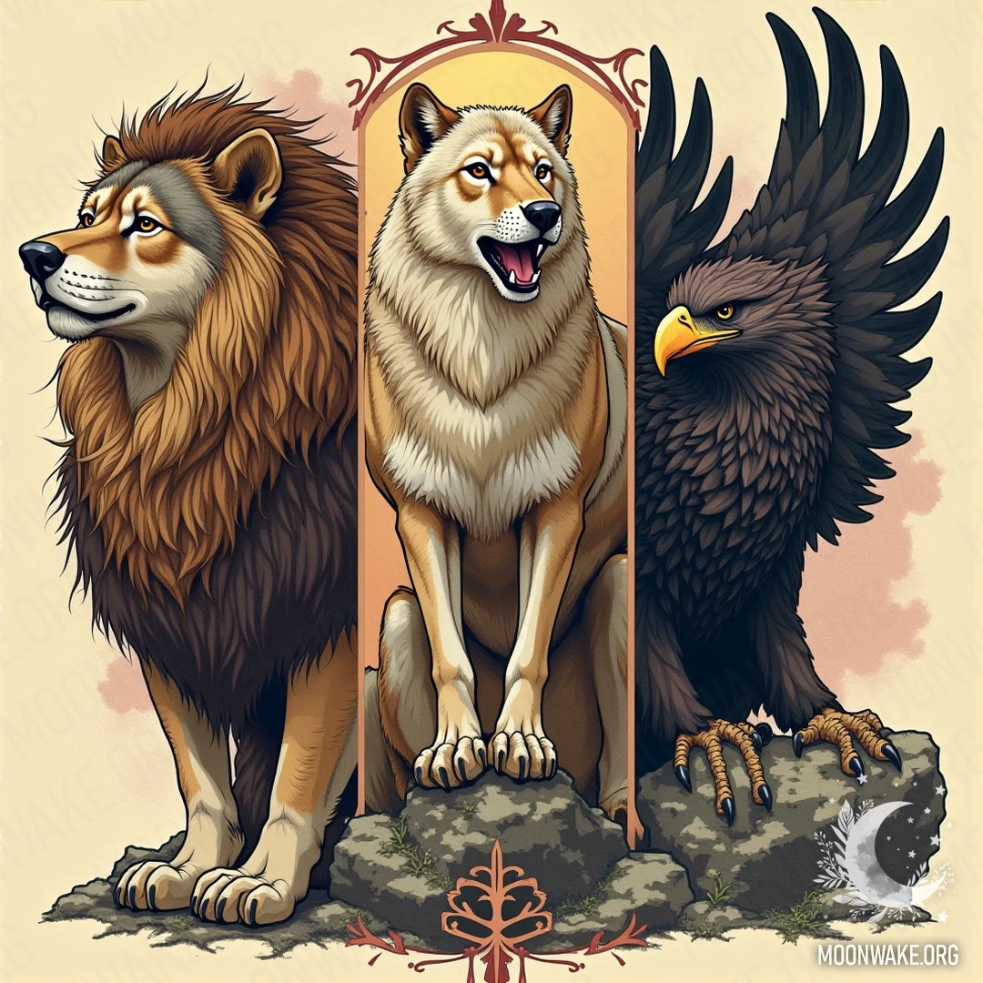 Animals such as the wolf, lion, and eagle symbolize feminine strength