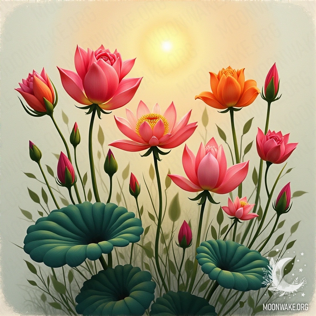 Flowers such as roses, lilies, and lotuses symbolize feminine nature and growth